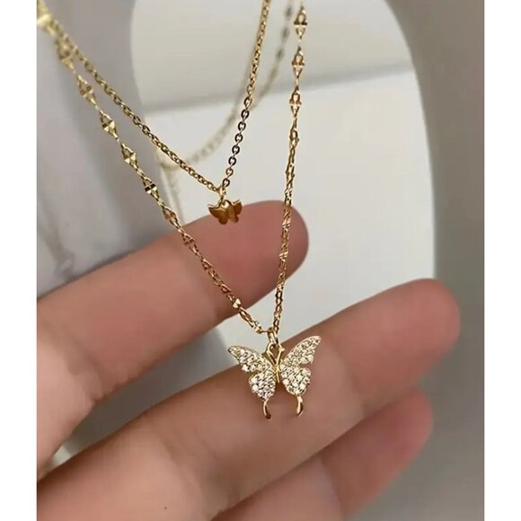 Double-Layer Butterfly Necklace Charm in Silvery/Golden - Picture 2 of 4